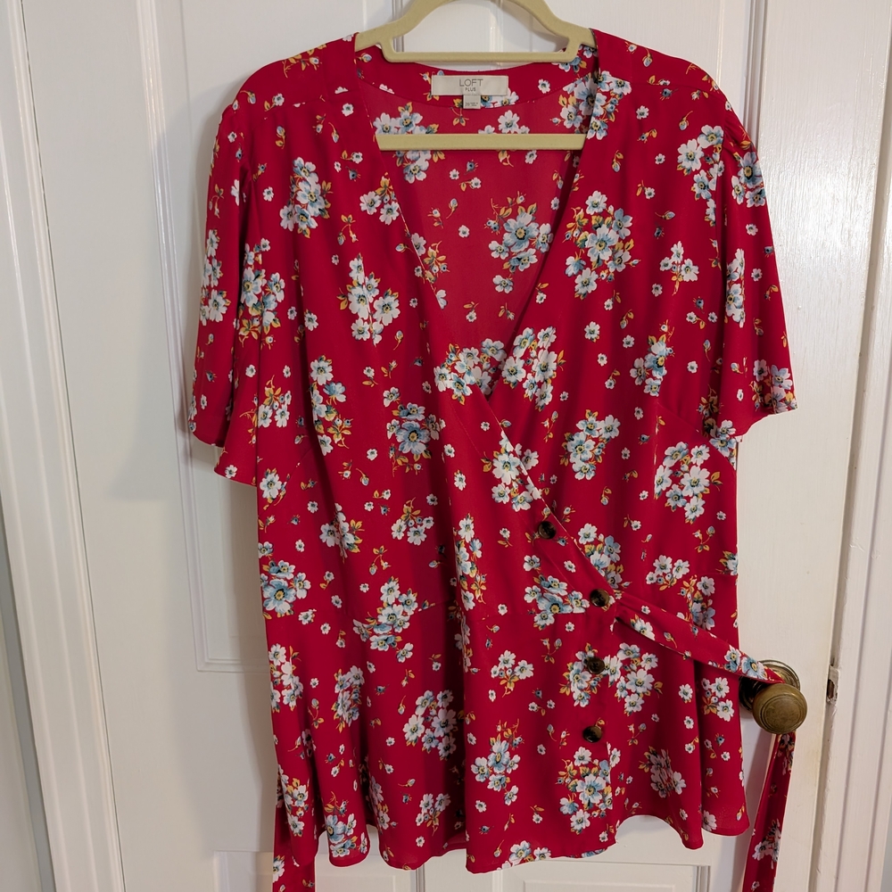 LOFT Plus Red Floral Wrap Blouse